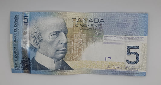 2009 Bank of Canada / Banque Du Canada - 5 Canadian Dollars CAD Banknote P-102c Serial No. AAT 0843961