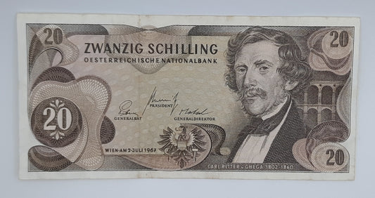1967 Austria, Austrian National Bank - 20 Austrian Schilling Banknote P-142 No. G 373097