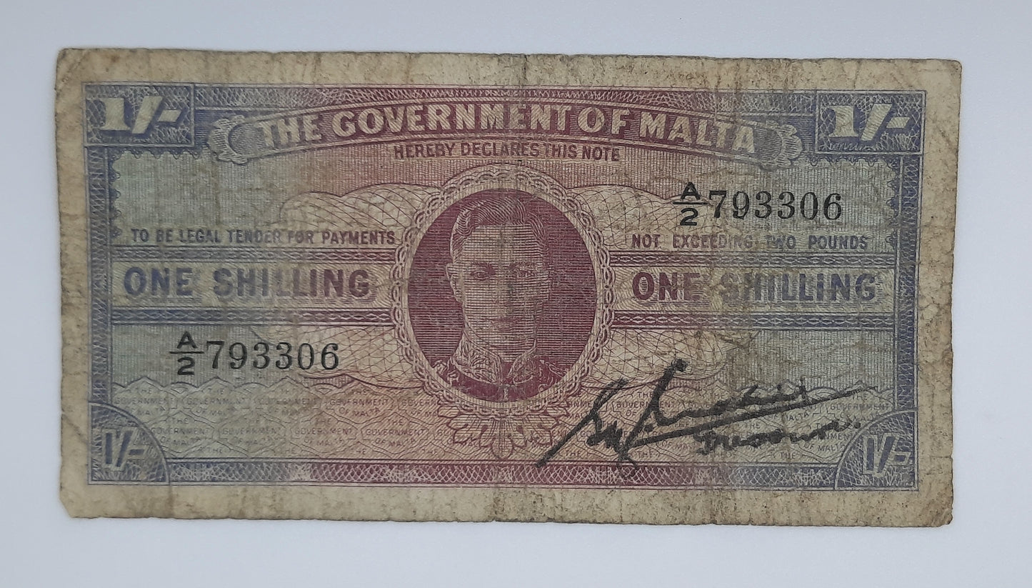 1943 Government of Malta - 1 (One) Maltese Shilling Banknote George VI P-16