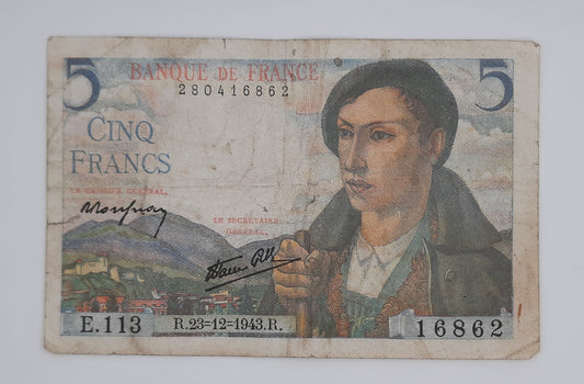 1943 Banque De France - 5 (Five) French Francs Banknote P-98a Serial No. E113 16862