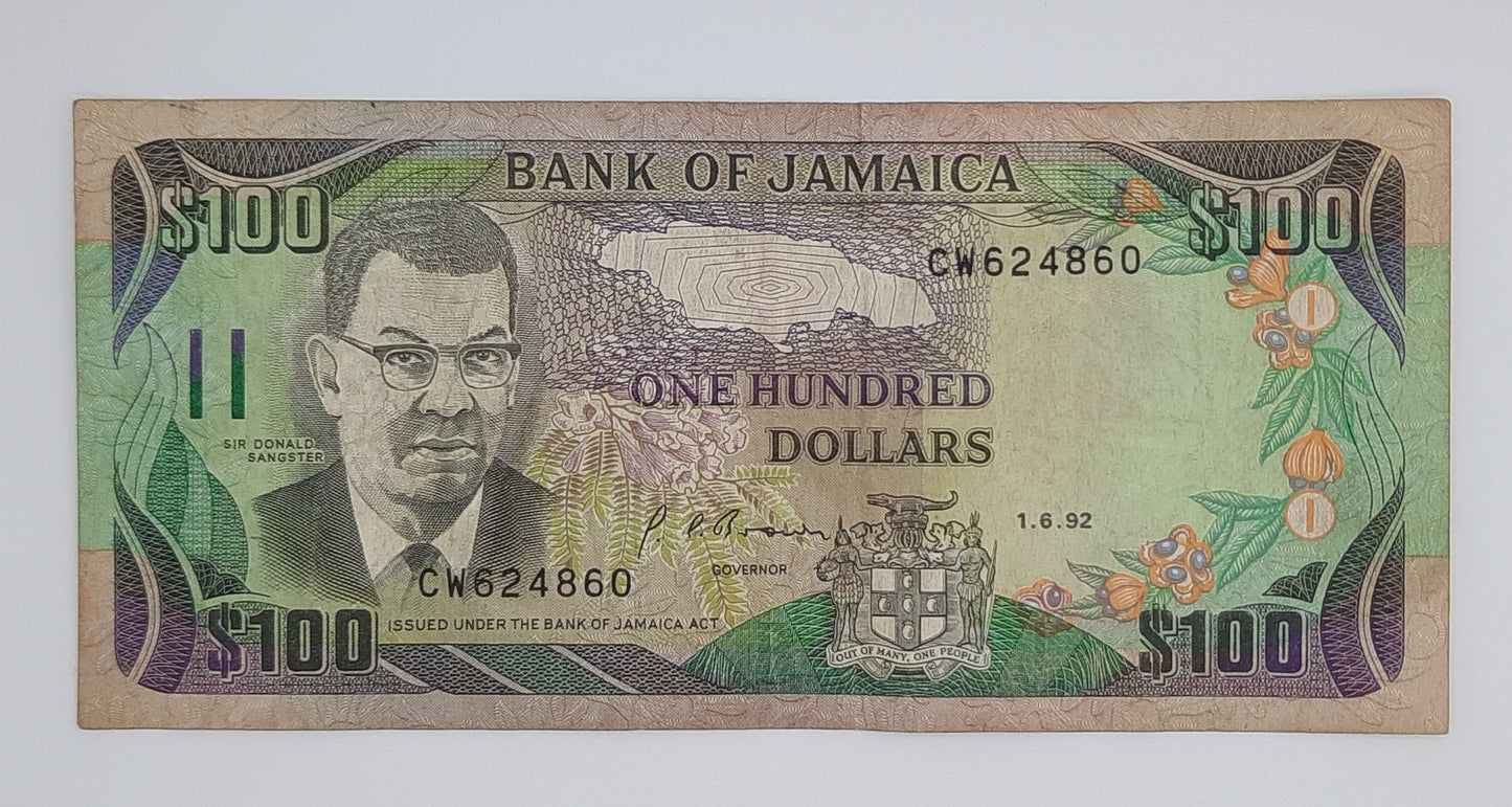 1992 Jamaica, Bank of Jamaica - 100 Jamaican Dollars Banknote P-75b Serial No. CW 624860