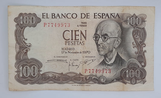 1970 Spain, Banco De Espana - 100 Spanish Pesetas Banknote ESP P-152 Serial No P 7749973