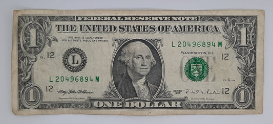 1995 United States of America - 1 (One) US Dollar Federal Reserve Banknote P-471 Serial No. L 20496894 M