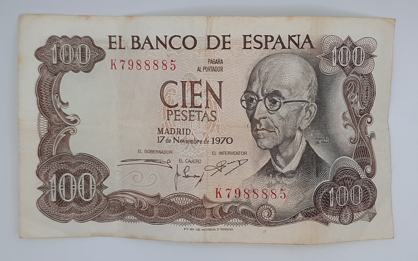 1970 Spain, Banco De Espana - 100 Spanish Pesetas Banknote ESP P-152 Serial No K 7988885