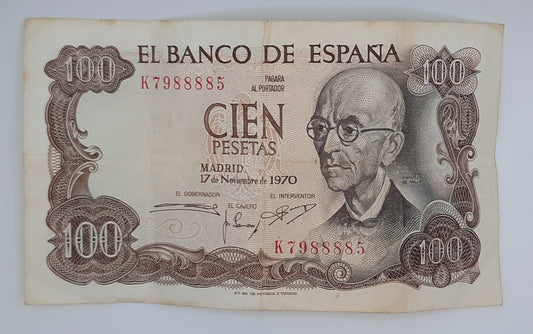 1970 Spain, Banco De Espana - 100 Spanish Pesetas Banknote ESP P-152 Serial No K 7988885