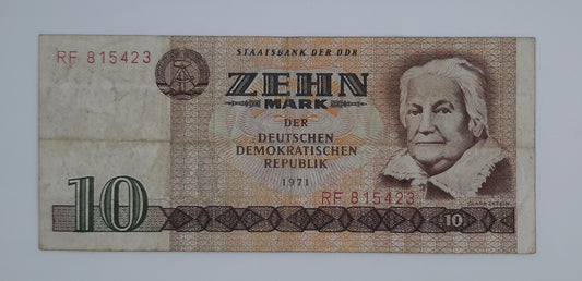 1971 (1975) East Germany GDR, Deutsche Notenbank der DDR - 10 (Ten) German Mark Banknote Serial No. RF 815423 P-25f