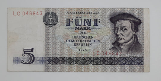 1975 East Germany GDR, Deutsche Notenbank der DDR -  5 Ostmark German Mark Banknote Serial No. LC 046843 P-24f