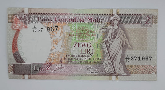 1989 Bank Centrali ta' Malta - 2 Maltese Pounds / Lira Banknote P-41a Serial No. A10 371967