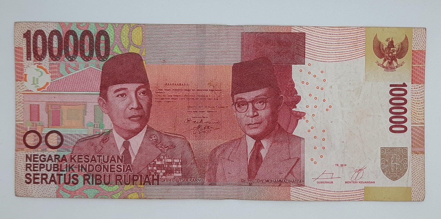 2014 Bank Indonesia - 100000 Indonesian Rupiah Banknote P-154 Serial No. AFU 413571