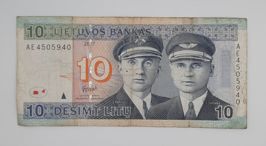 2007 Lithuania, Lietuvos Bankas - 10 Lithuanian Litu Banknote P-66a Serial No. AE 4505940