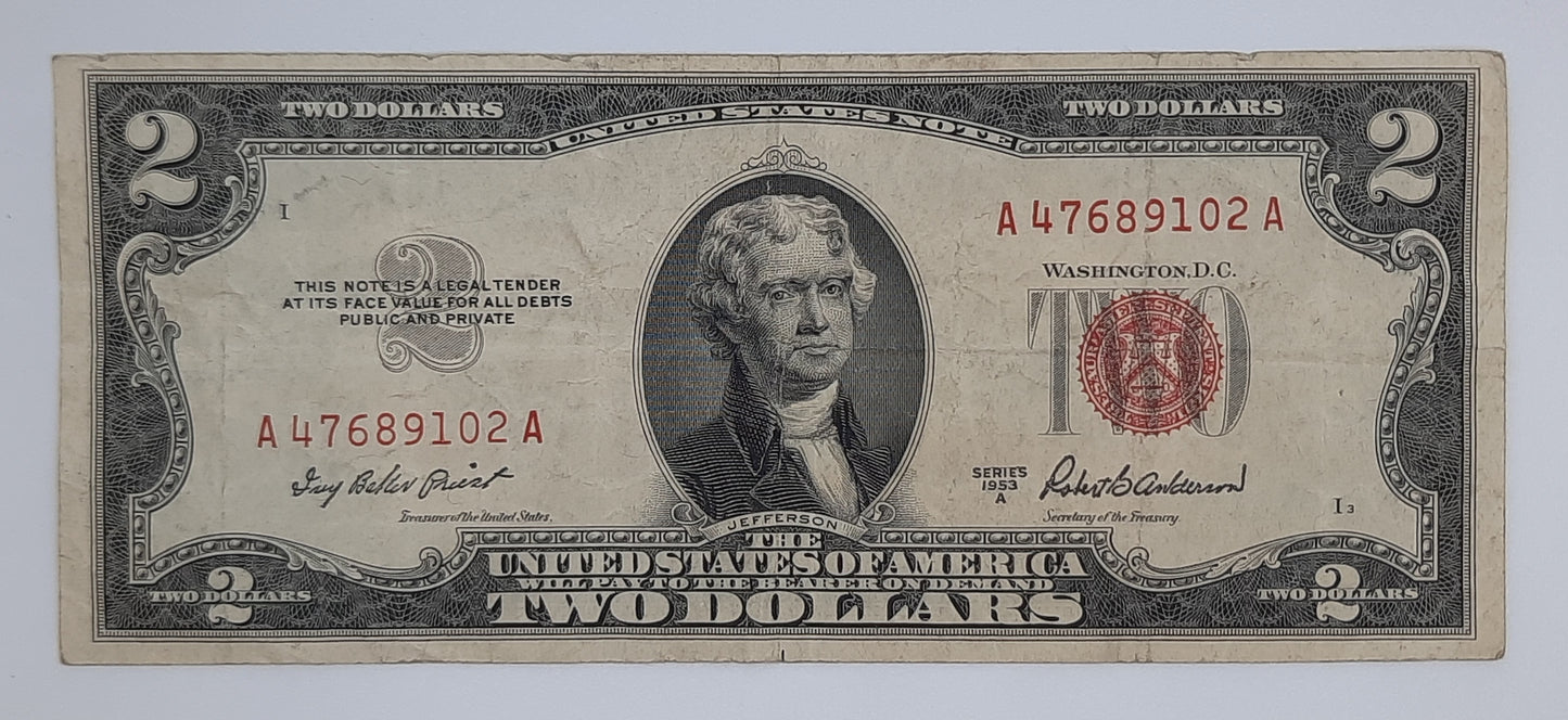 1953A United States of America - 2 (Two) US Dollars Silver Certificate Banknote P-380a Serial No. A 47689102 A
