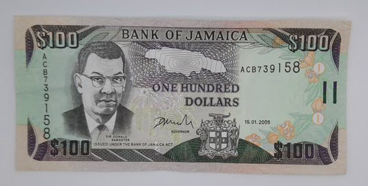 2005 Jamaica, Bank of Jamaica - 100 Jamaican Dollars Banknote P-84a Serial No. ACB 739158