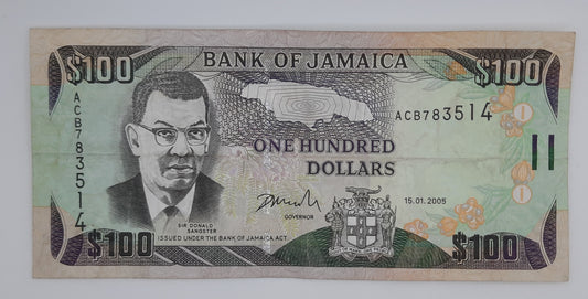 2005 Jamaica, Bank of Jamaica - 100 Jamaican Dollars Banknote P-84a Serial No. ACB 783514