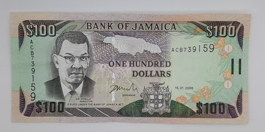 2005 Jamaica, Bank of Jamaica - 100 Jamaican Dollars Banknote P-84a Serial No. ACB 739159