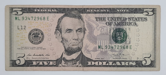2013 United States of America - 5 (Five) US Dollars Federal Reserve Banknote P-473 Serial No. ML 93472968 E