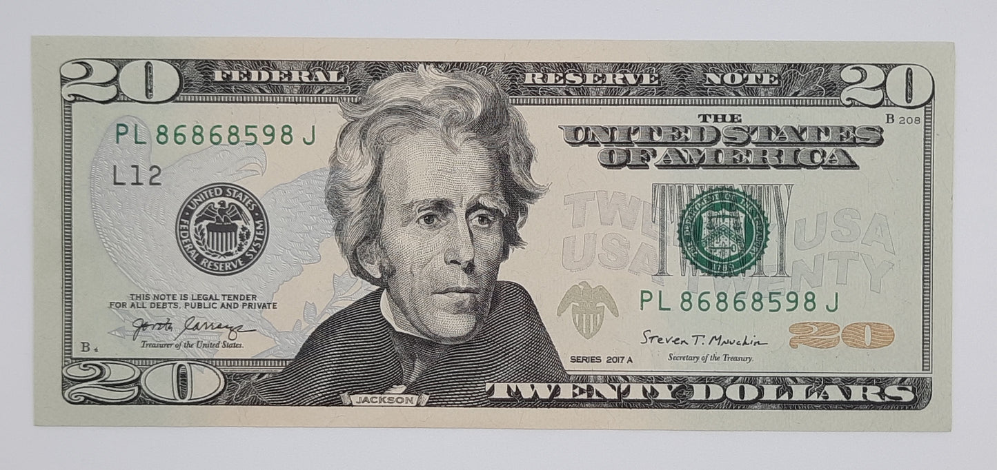 2017 United States of America - 20 US Dollars Federal Reserve Banknote P-521 Andrew Jackson Serial No. PL 86868598 J