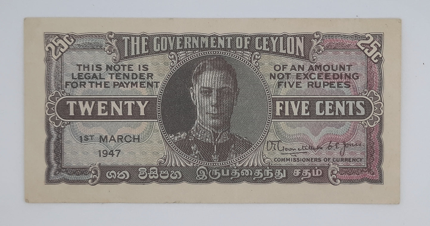 1947 Ceylon Sri Lanka - 25 Cents Banknote P-44b King George VI Serial No. A56 155557