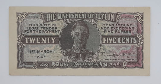 1947 Ceylon Sri Lanka - 25 Cents Banknote P-44b King George VI Serial No. A56 155557