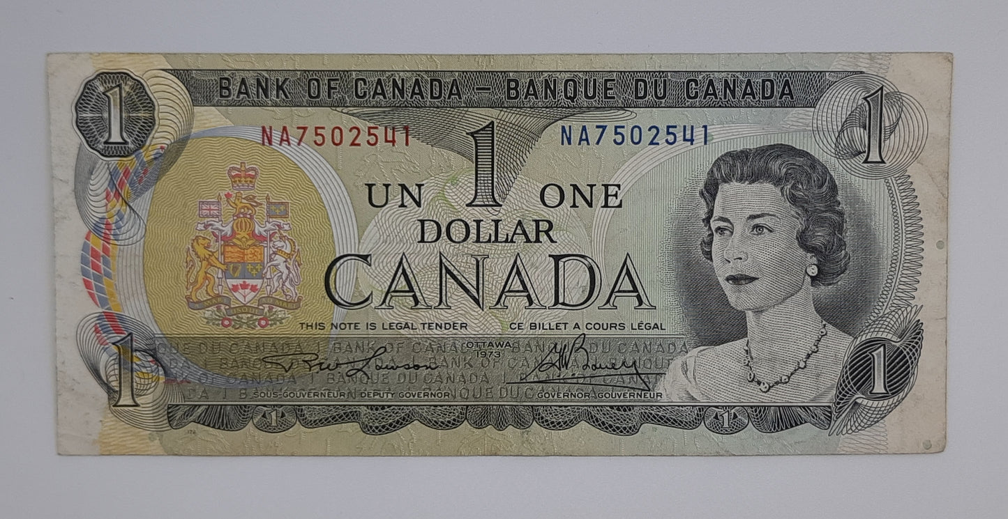 1973 Bank of Canada / Banque Du Canada - 1 (One) Canadian Dollar CAD Banknote P-85 Serial No. NA 7502541