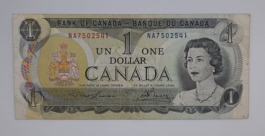 1973 Bank of Canada / Banque Du Canada - 1 (One) Canadian Dollar CAD Banknote P-85 Serial No. NA 7502541