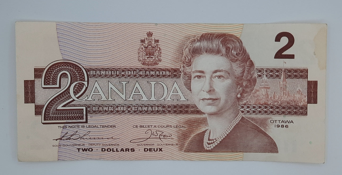 1986 Bank of Canada / Banque Du Canada - 2 (Two) Canadian Dollars CAD Banknote Serial No. BRB 8028211 P-94