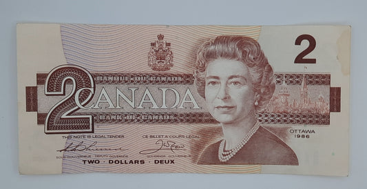 1986 Bank of Canada / Banque Du Canada - 2 (Two) Canadian Dollars CAD Banknote Serial No. BRB 8028211 P-94