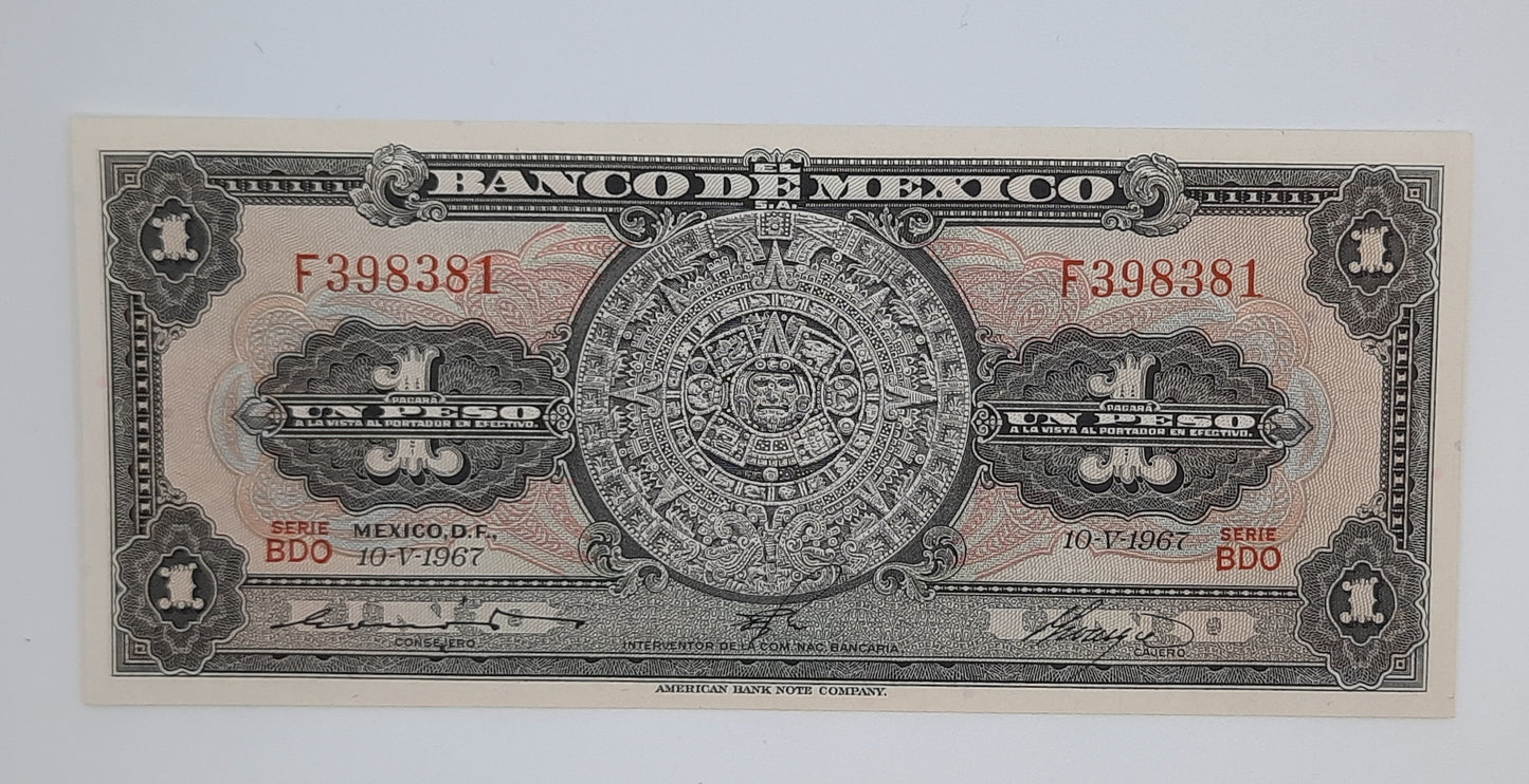 1967 El Banco De Mexico - 1 Mexican Peso Banknote P-59 Serial No. BDO F 398381