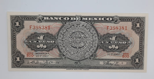 1967 El Banco De Mexico - 1 Mexican Peso Banknote P-59 Serial No. BDO F 398381