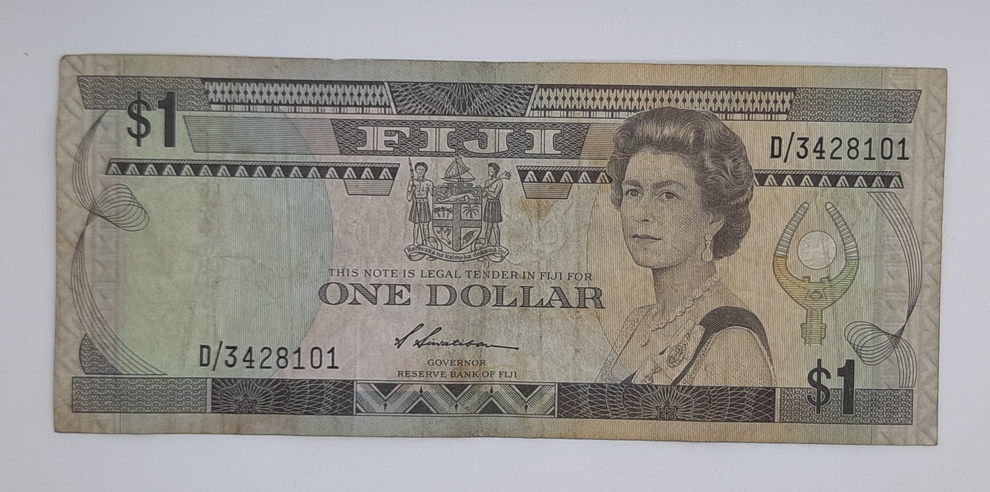1987 Reserve Bank of Fiji - 1 (One) Fiji Dollar Banknote P-86a Serial No. D3 428101