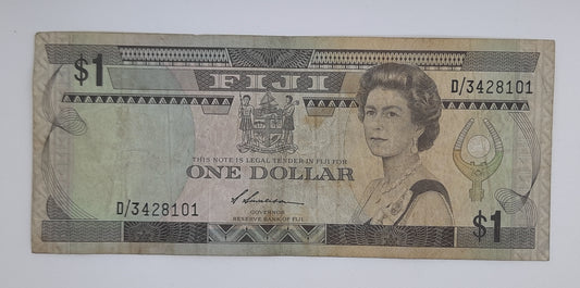 1987 Reserve Bank of Fiji - 1 (One) Fiji Dollar Banknote P-86a Serial No. D3 428101