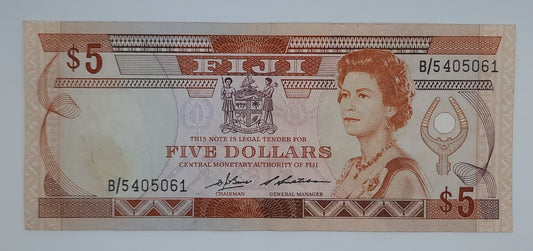 1986 Reserve Bank of Fiji - 5 (Five) Fiji Dollars Banknote P-83a Serial No. B5 405061
