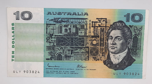 1989 Reserve Bank of Australia - 10 AUD Australian Dollars Banknote P-45e Serial No. ULY 903824