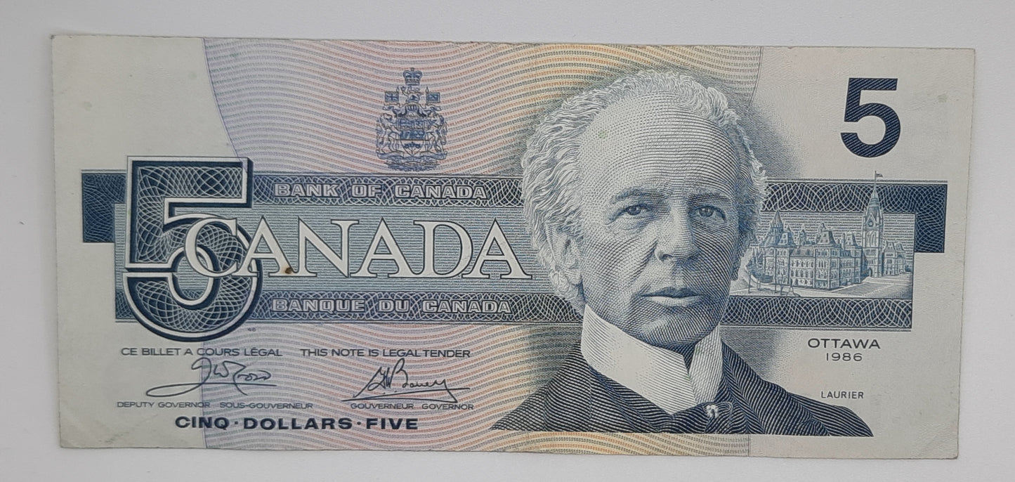 1986 Bank of Canada / Banque Du Canada - 5 Canadian Dollars CAD Banknote P-85a Serial No. ENB 8735792