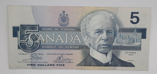 1986 Bank of Canada / Banque Du Canada - 5 Canadian Dollars CAD Banknote P-85a Serial No. ENB 8735792