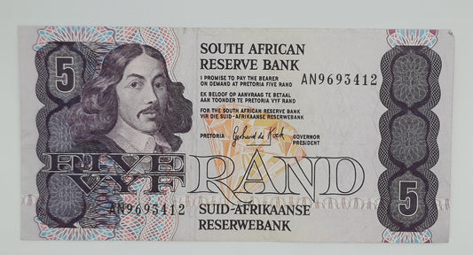 1990 South African Reserve Bank 5 (Five) Rand ZAR Banknote, Bill No. AN 9693412 P-119e