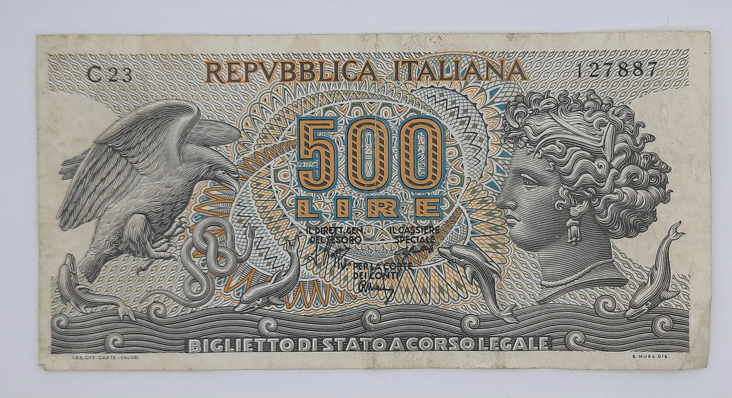 1970 Banca D'Italia, Italy - 500 Italian Lire ITL Banknote P-93a Serial No. C23 127887