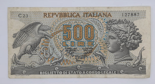 1970 Banca D'Italia, Italy - 500 Italian Lire ITL Banknote P-93a Serial No. C23 127887