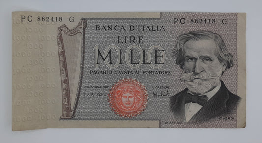 1975 Banca D'Italia, Italy - 1000 Italian Lire ITL Banknote Serial NO. PC 862418 G P-101d