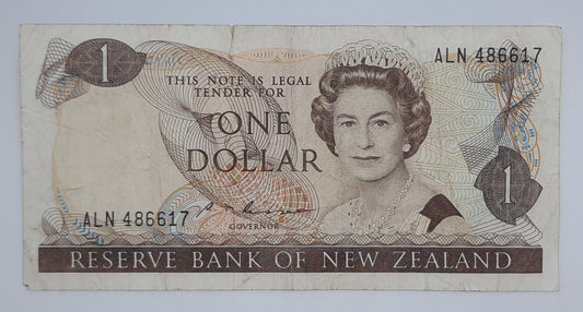 1985 - Reserve Bank of New Zealand - $1 (One) NZD Dollar Banknote, Serial No. ALN 486617 P-169b