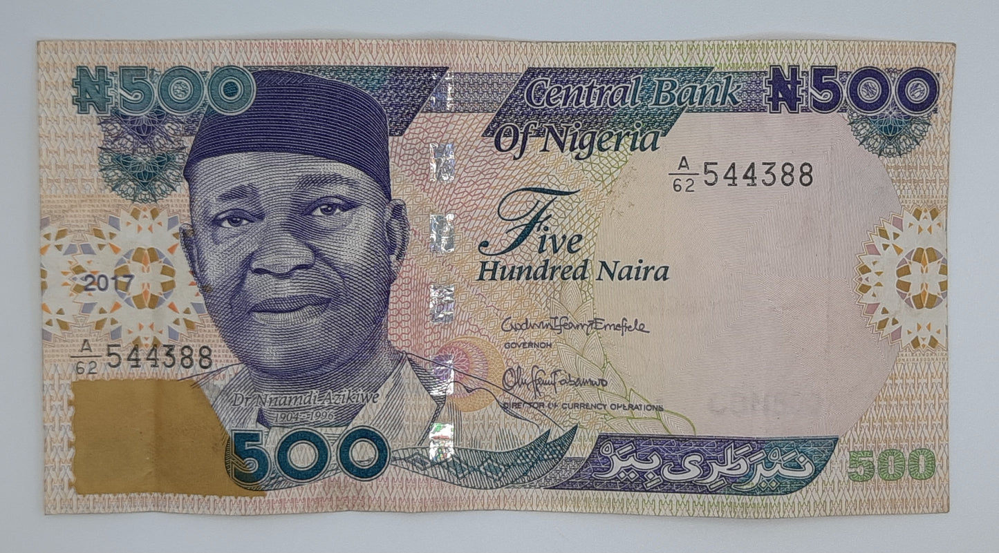 2017 NIGERIA, Central Bank of Nigeria - 500 Nigerian Naira Banknote P-30 Serial No. A62 544388