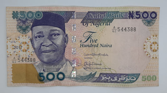 2017 NIGERIA, Central Bank of Nigeria - 500 Nigerian Naira Banknote P-30 Serial No. A62 544388