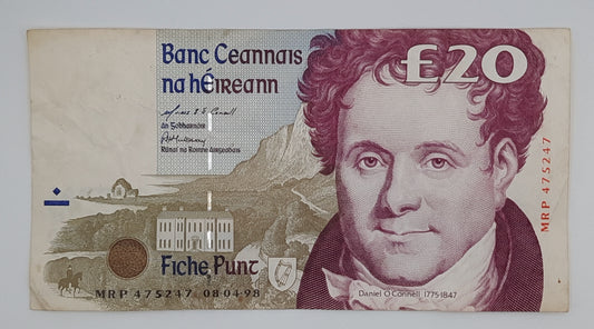 1998 Ireland, The Central Bank of Ireland - 20 Irish Pounds Banknote Serial No. MRP 475247 P-77b