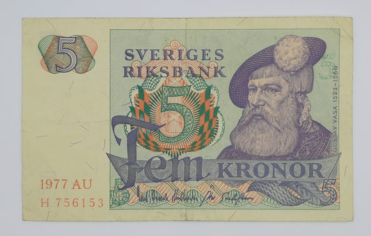 1977 Sweden, Sveriges Riksbank - 5 Swedish Kronor SEK Banknote Serial NO. H 756153 P-51d