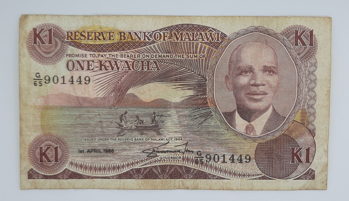 1988 Reserve Bank of Malawi - 1 Malawian Kwacha Banknote Serial No. G65 901449 P-14i