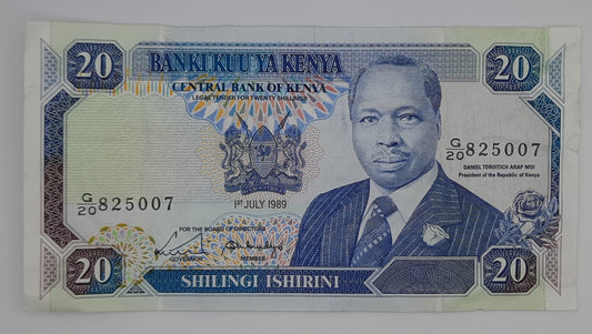 1989 Banki Kuu Ya Kenya - 20 Kenyan Shillings Banknote P-25b Serial No. G20 825007