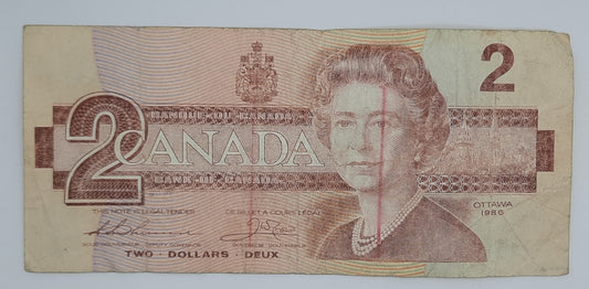 1986 Bank of Canada / Banque Du Canada - 2 (Two) Canadian Dollars CAD Banknote Serial No. AUY 6003569 P-94