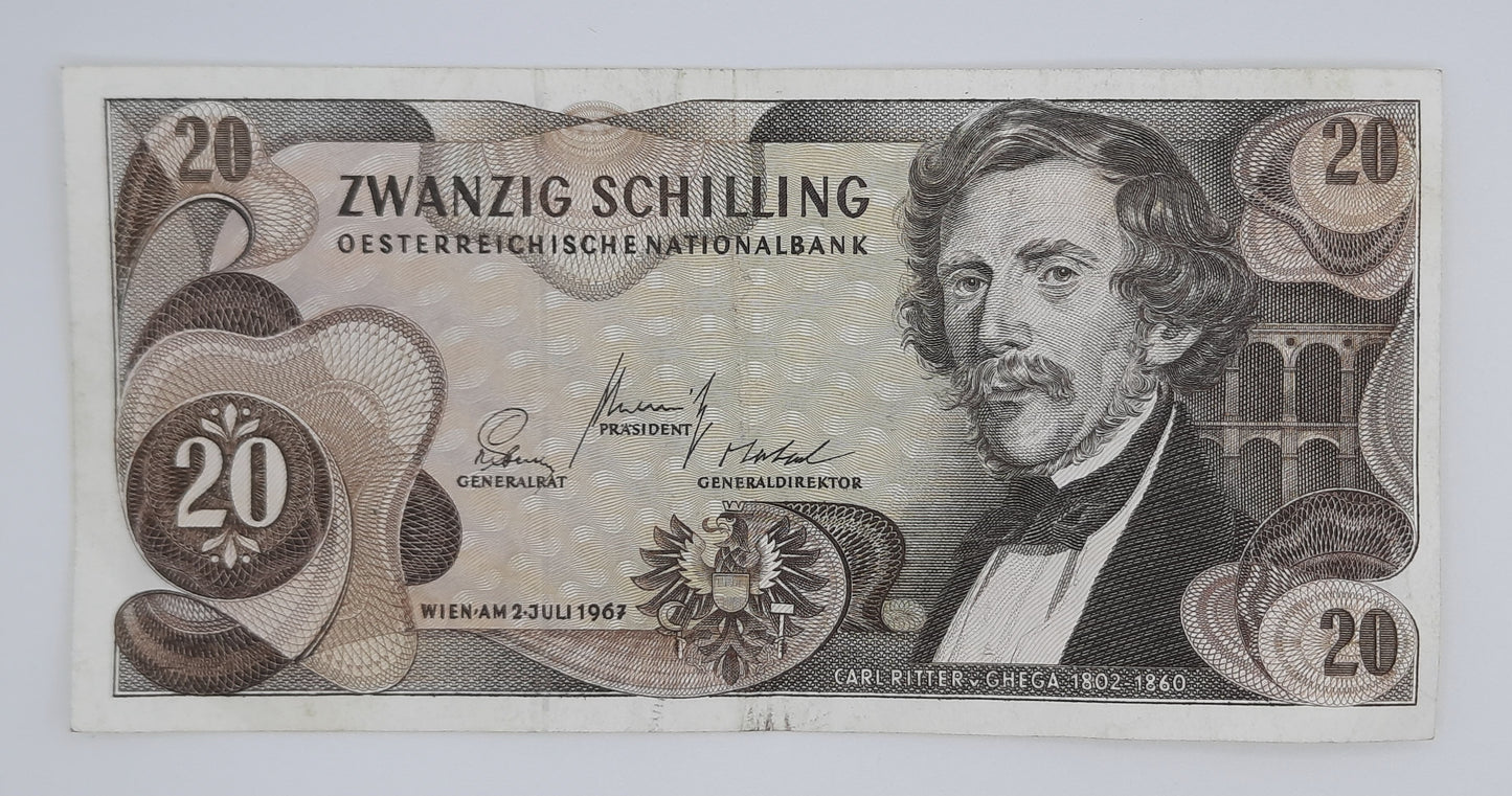 1967 Austria, Austrian National Bank - 20 Austrian Schilling Banknote P-142 No. L 463827 M