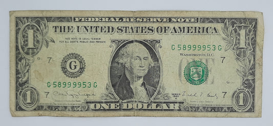 1981 United States of America - 1 (One) US Dollar Federal Reserve Banknote P-451 Serial No. G 58999953 G
