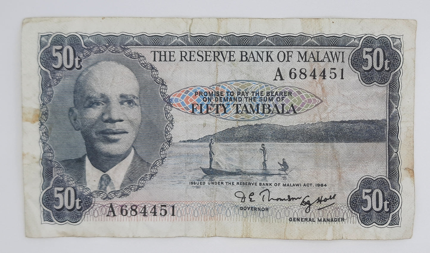 1971 Reserve Bank of Malawi - 50 Malawian Tambala Banknote Serial No. A 684451 P-5a