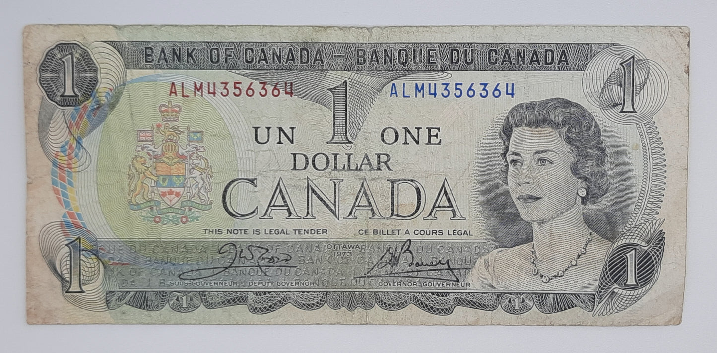 1973 Bank of Canada / Banque Du Canada - 1 (One) Canadian Dollar CAD Banknote P-85 Serial No. ALM 4356364